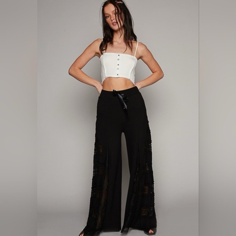 POL NWOT Black Textured Waffle and Lace Contrast Wide Leg Pants